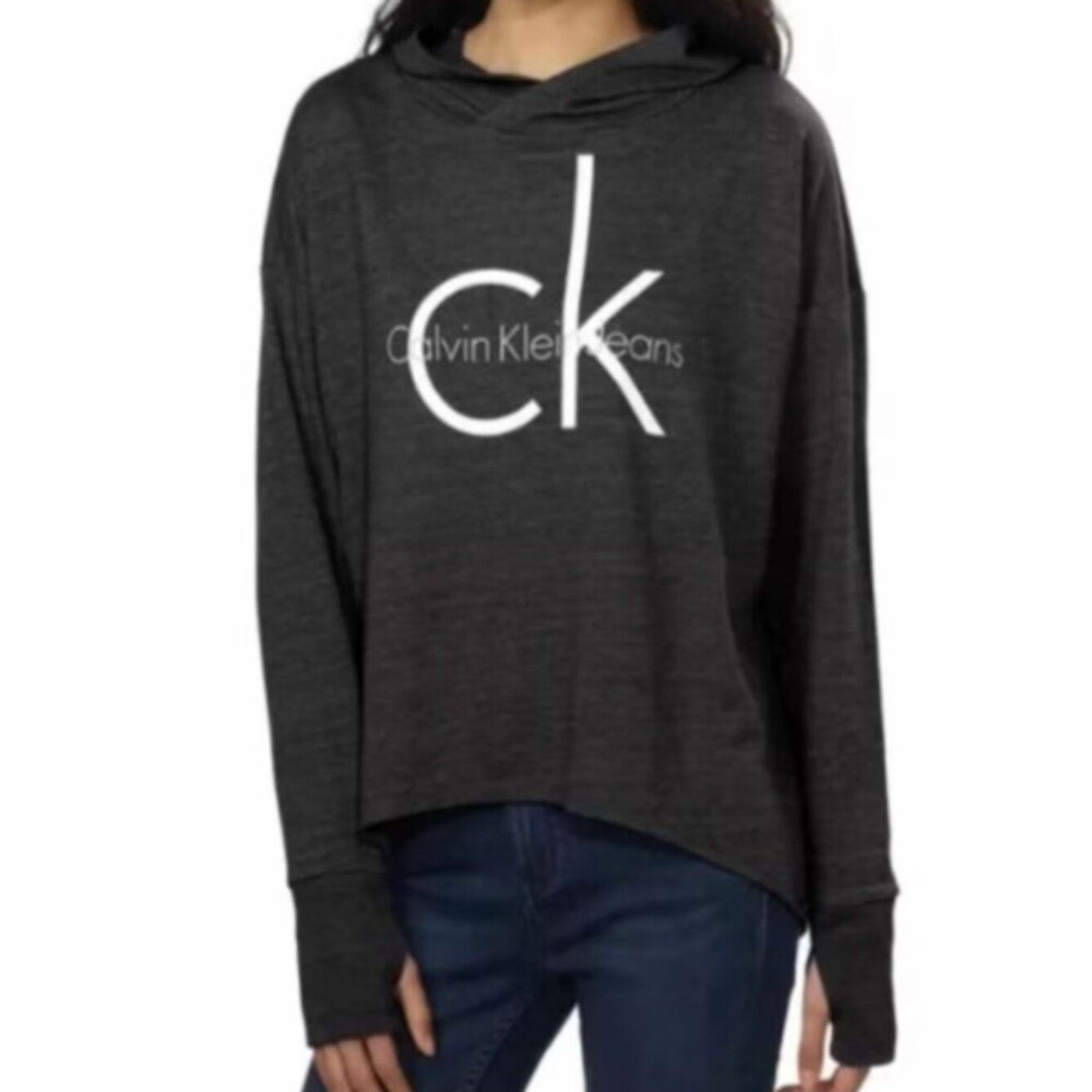 Calvin Klein Jeans Women Hoodie Long Sleeve Graphic Tee Medium Blue Thumbholes.